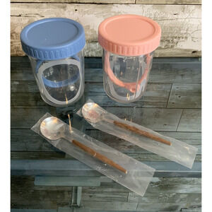 Glass Overnight Oats 2 pk Containers with Spoons Glass Jars Plastic Screwtop Lid